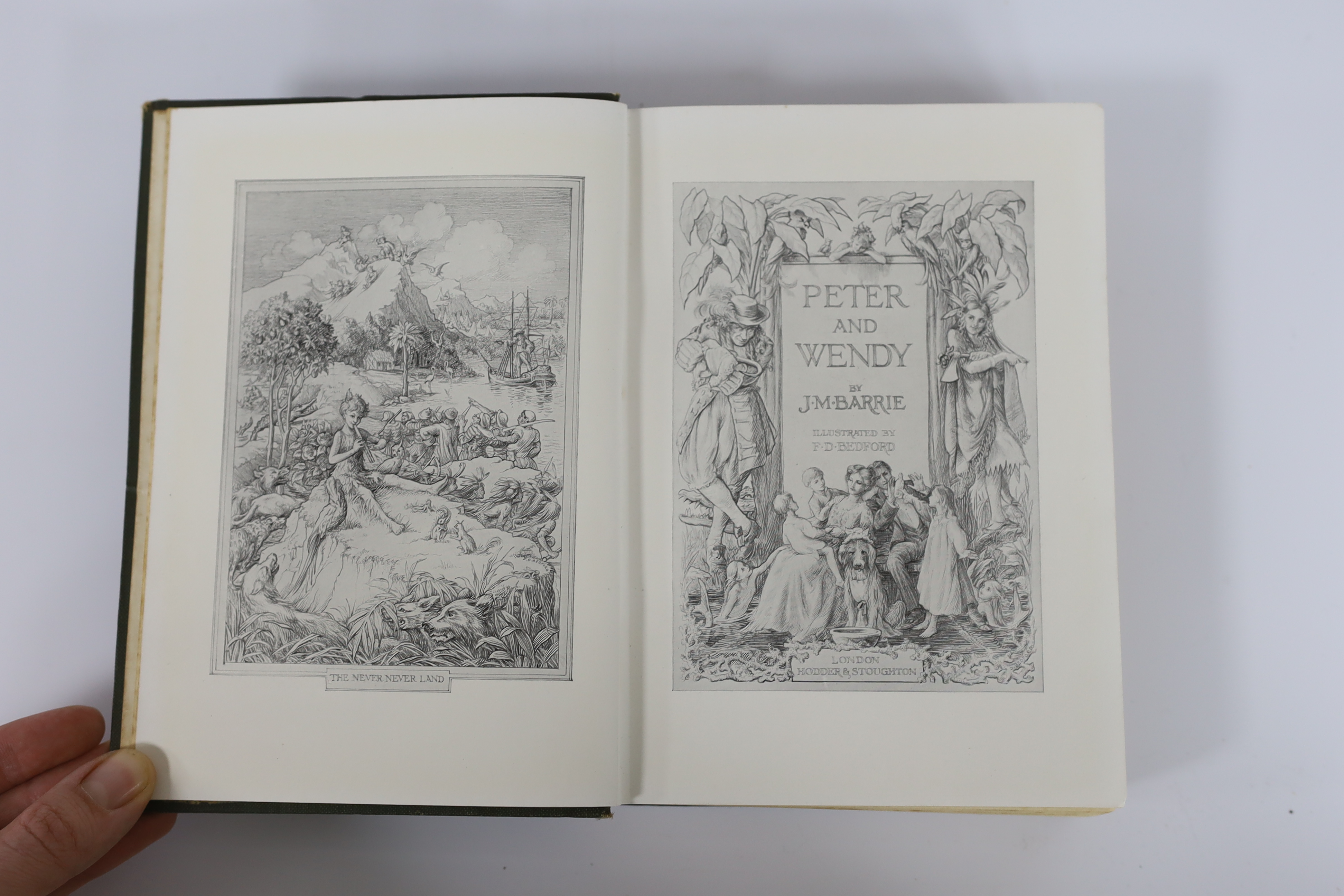 Barrie, J.M - Peter and Wendy, 1st edition, 8vo, original pictorial green cloth gilt, frontispiece, pictorial title and 11 full-page plates, all by F.D. Bedford, Hodder & Stoughton, London, 1911